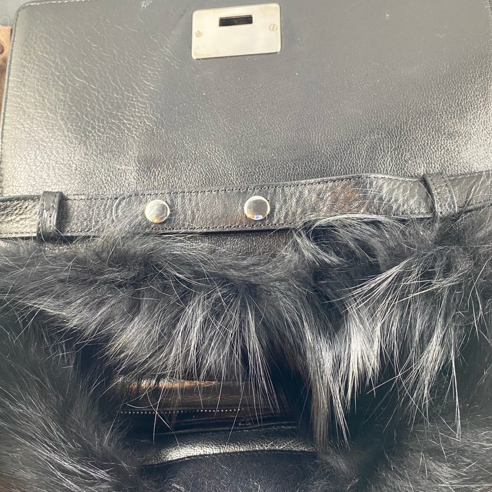 MK Jet Black Fox Fur/Black Leather Flat Crossbody - Picture 8 of 8
